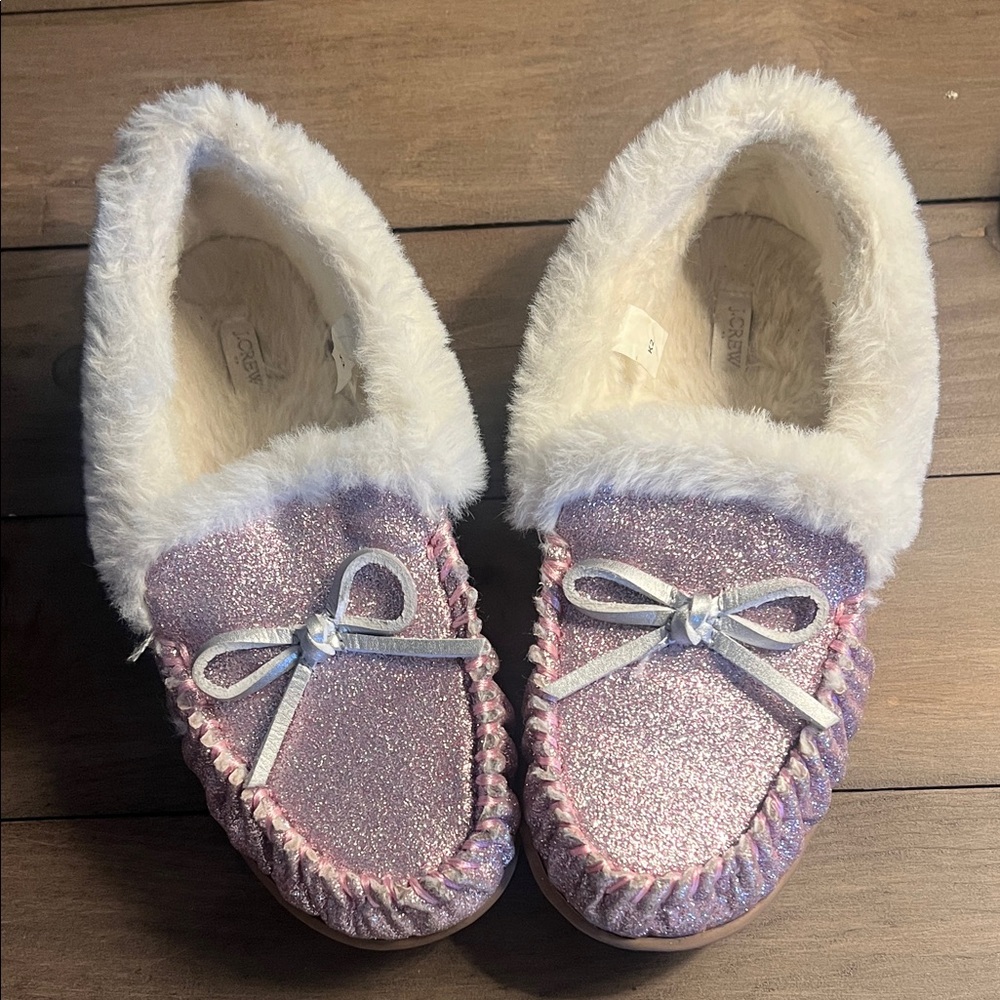 J. Crew Kids Sparkly Pink Slippers with White Trim